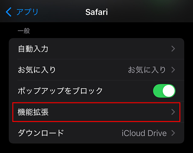 『機能拡張』、古いiOSでは『コンテンツブロッカー』）をタップ