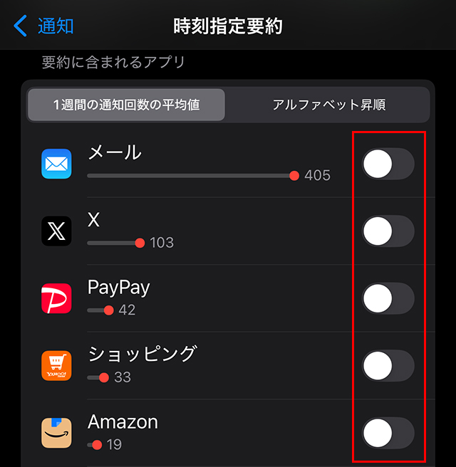 iPhone 通知を要約 アプリ一覧 平均通知順
