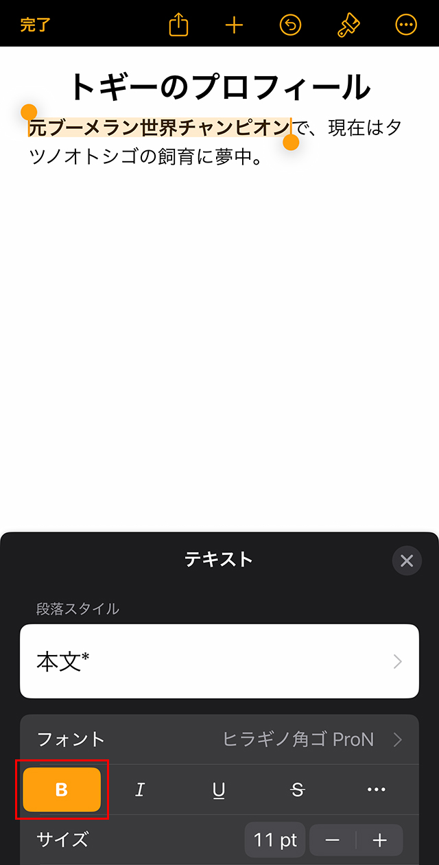 下部にメニューが表示されるので、『B』のボルドーをタップします。
そうすると、選択していた文字が太くなります。