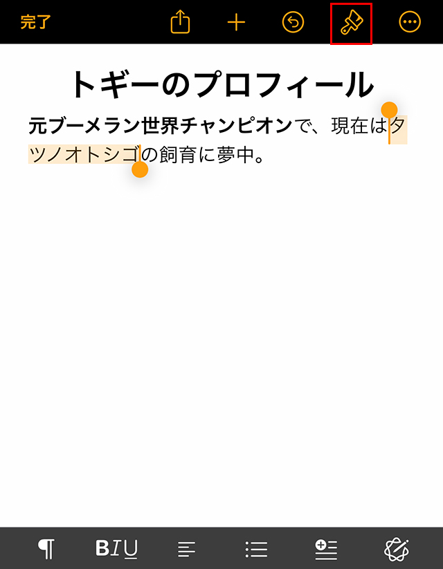 装飾したい文字を反転させ、上部ににある『ペイントブラシ』マークをタップします。