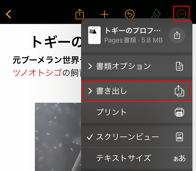 右上の『・・・』をタップし、『書き出し』をタップします。