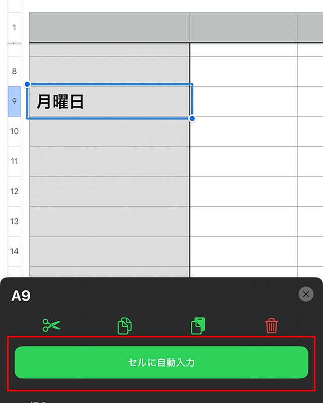 下部にメニューが表示されるので、『セルに自動入力』をタップします。