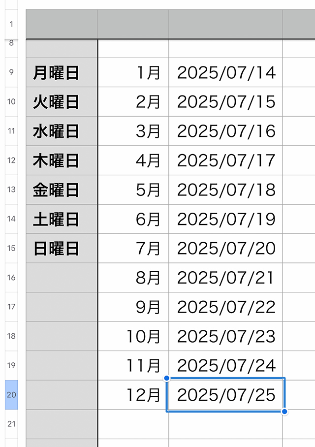 『曜日』だけでなく、『月名』『数字』『日付』なども連続できます。