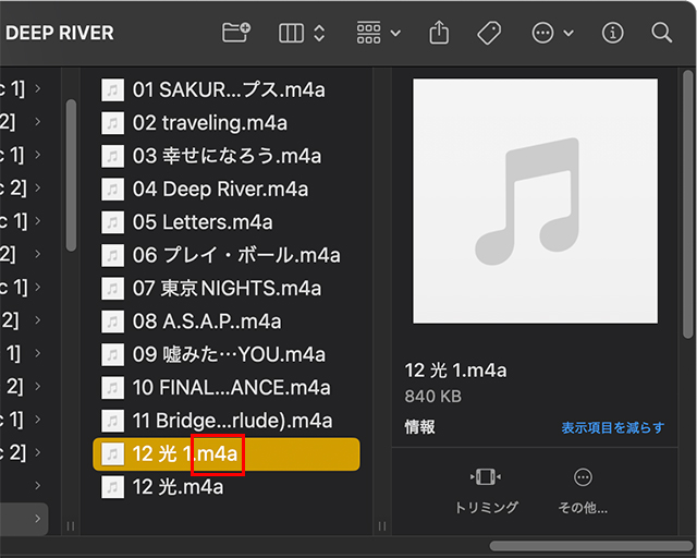 拡張子が『.m4a』であることを確認します