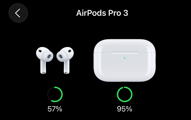 設定＞BluetoothでAirPods Pro 3のバッテリー残量を確認。単体時間の伸びが見て分かり、“持ち出し安心感”が高い。