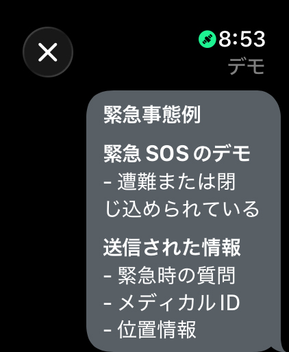 緊急事態例と、送信される情報（緊急時の質問・メディカルID・位置情報）の確認画面。