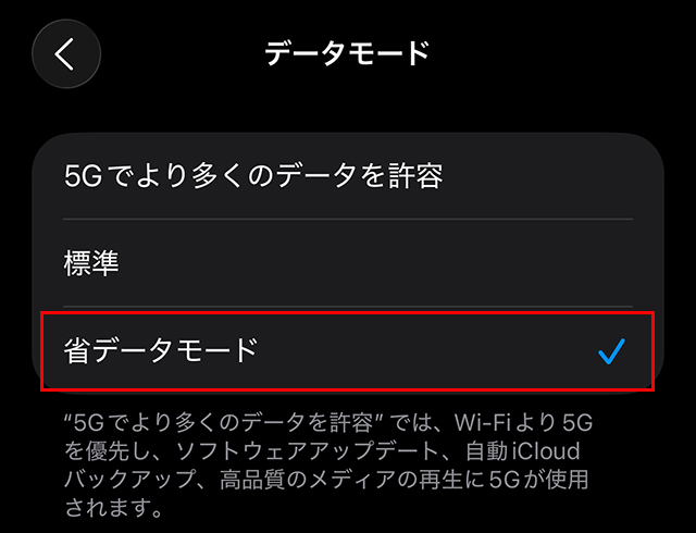iPhoneの『通信のオプション』で『省データモード』をオンにしている画面